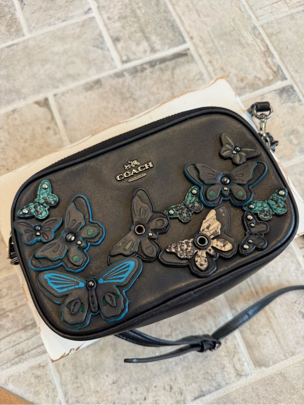 Coach Crossbody Pouch with Butterfly Appliqué – Black Leather